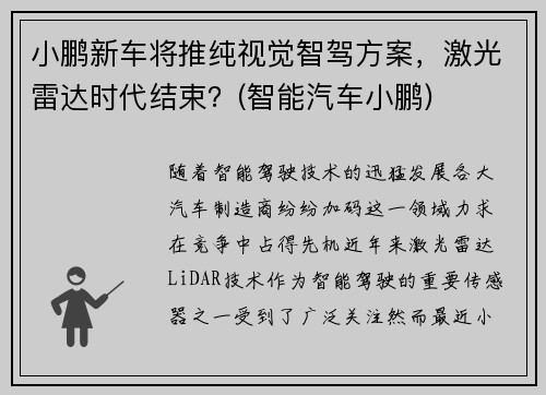 小鹏新车将推纯视觉智驾方案，激光雷达时代结束？(智能汽车小鹏)