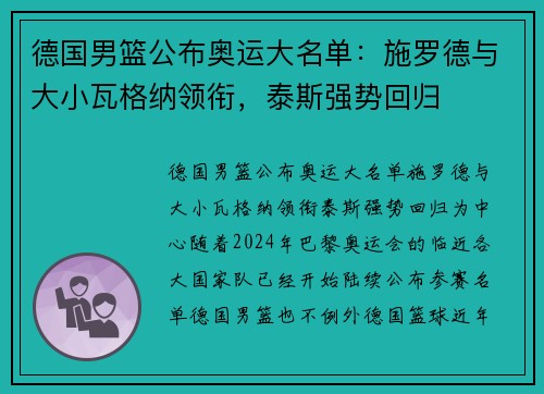 德国男篮公布奥运大名单：施罗德与大小瓦格纳领衔，泰斯强势回归